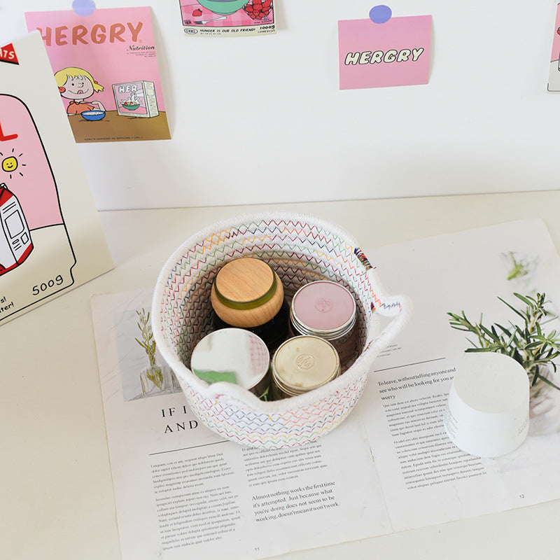 Desktop Cat Ear Storage Basket for Girl/Kids/Her, Handmade Woven Storage Basket, Living Room Key Cotton Rope Cartoon Storage Basket.