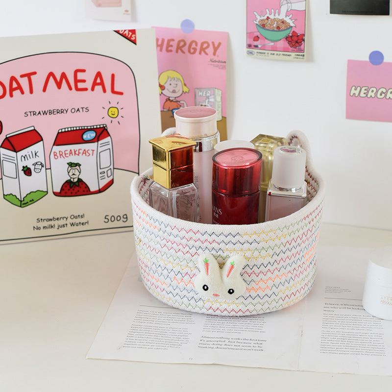 Desktop Cat Ear Storage Basket for Girl/Kids/Her, Handmade Woven Storage Basket, Living Room Key Cotton Rope Cartoon Storage Basket.