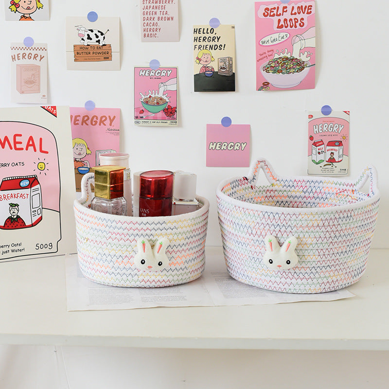 Desktop Cat Ear Storage Basket for Girl/Kids/Her, Handmade Woven Storage Basket, Living Room Key Cotton Rope Cartoon Storage Basket.
