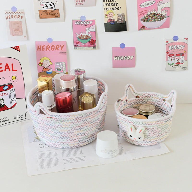 Desktop Cat Ear Storage Basket for Girl/Kids/Her, Handmade Woven Storage Basket, Living Room Key Cotton Rope Cartoon Storage Basket.