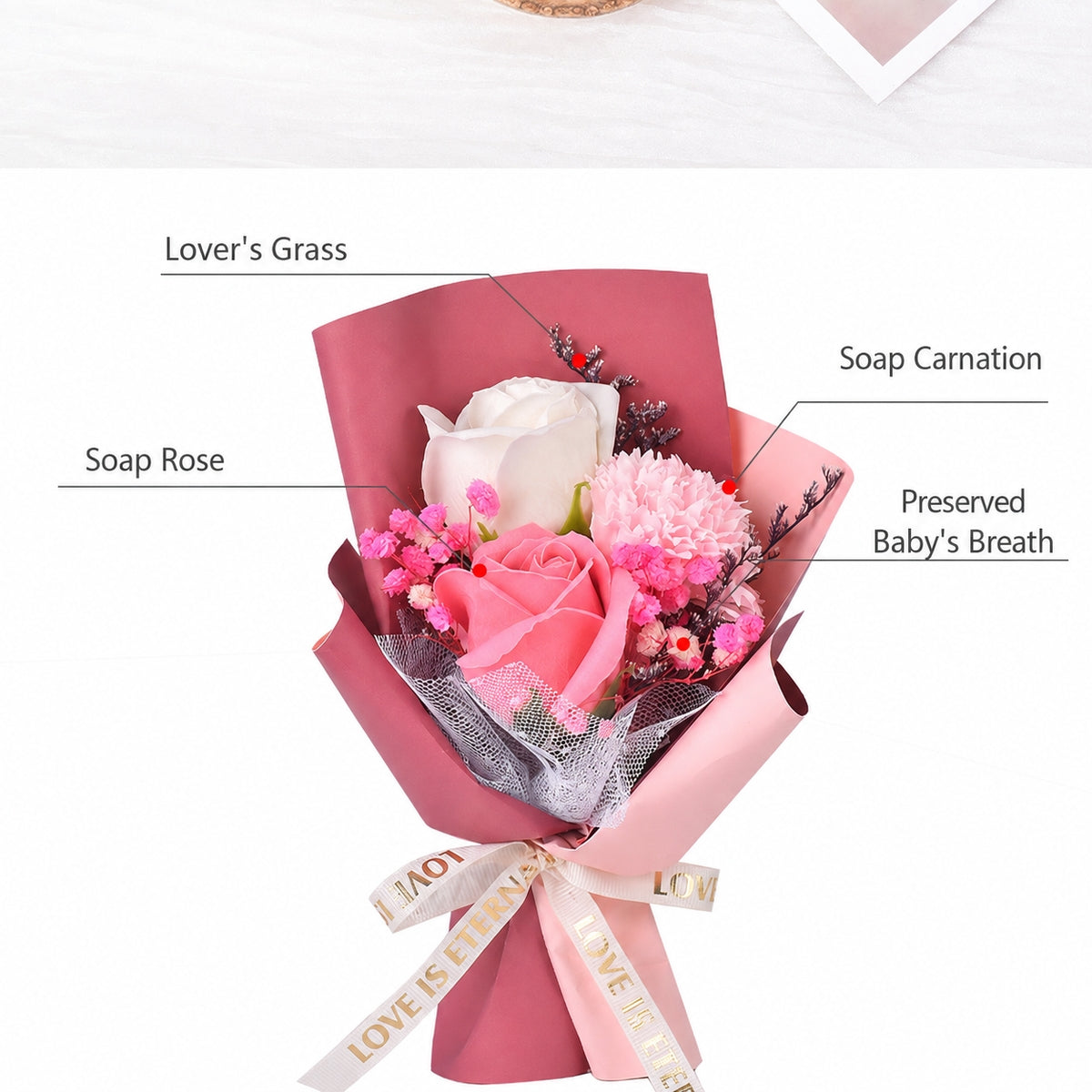 Everlasting Soap Flower Bouquet with Rose & Carnation | Handmade Preserved Flower Gift for Mother, Teacher, Birthday & Loved Ones