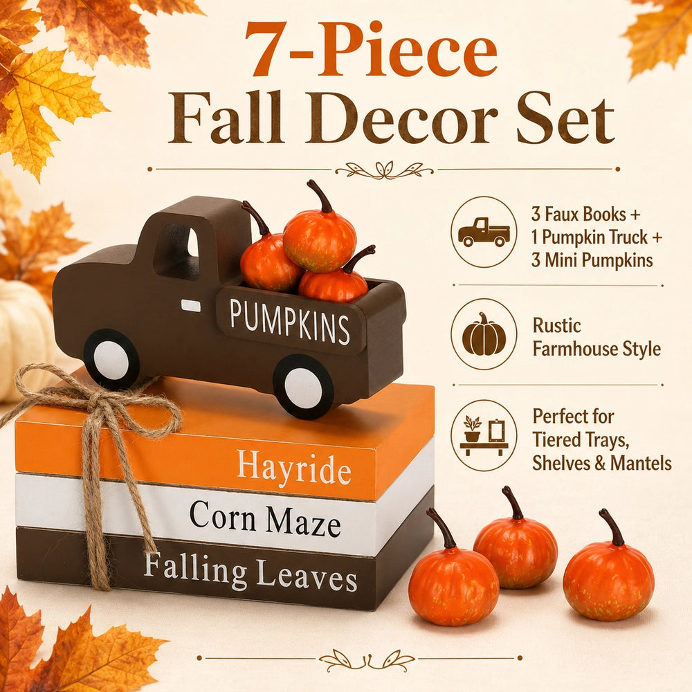 7Pcs Fall Tiered Tray Decor Set with Pumpkin Truck & Faux Book Stack, Thoughtful Thanksgiving Gift