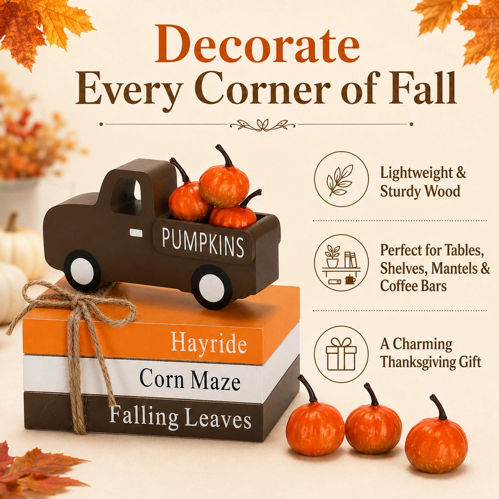 7Pcs Fall Tiered Tray Decor Set with Pumpkin Truck & Faux Book Stack, Thoughtful Thanksgiving Gift