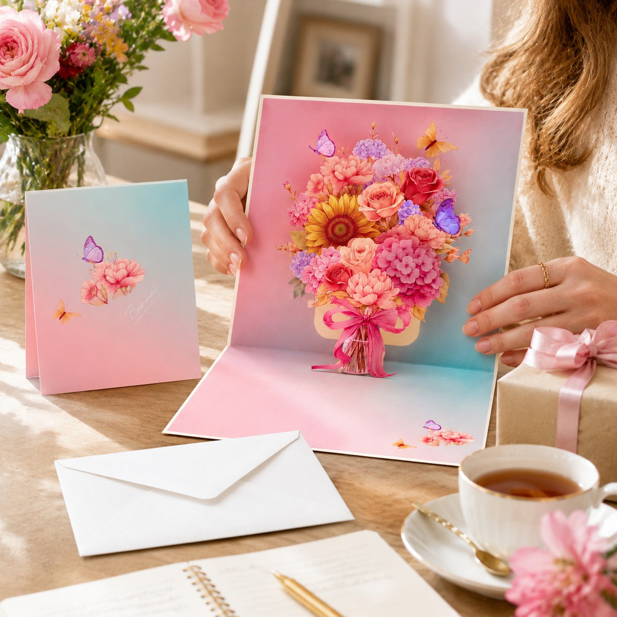 3D Floral Bouquet Pop-Up Greeting Cards Set (4-Pack)