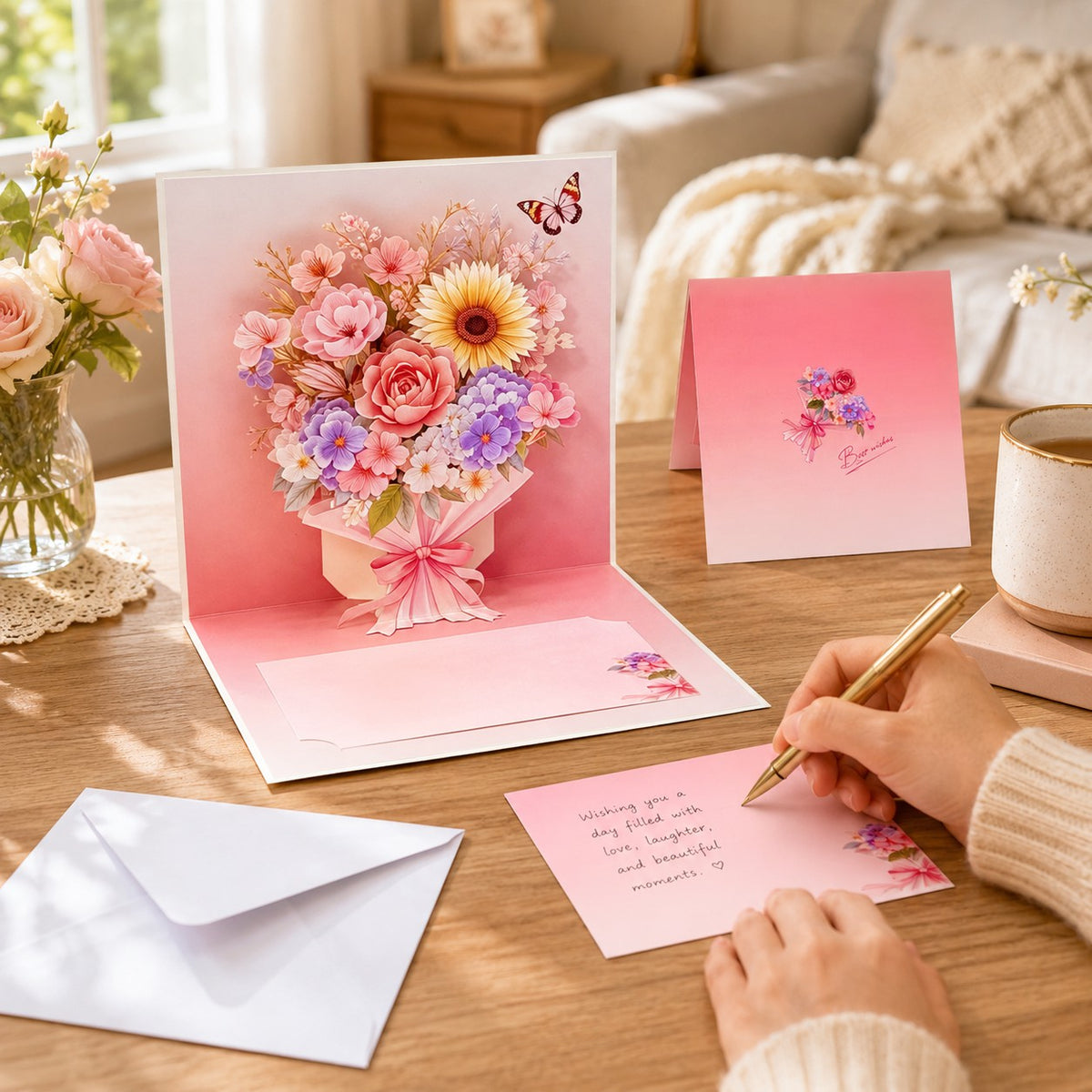 3D Floral Bouquet Pop-Up Greeting Cards Set (4-Pack)