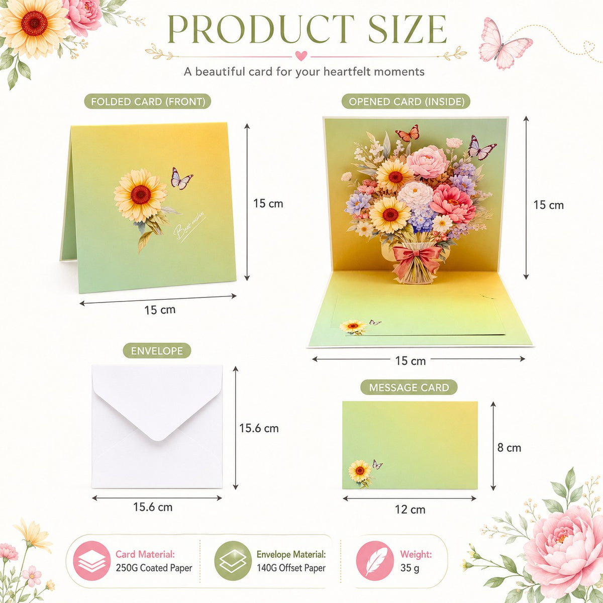 3D Floral Bouquet Pop-Up Greeting Cards Set (4-Pack)