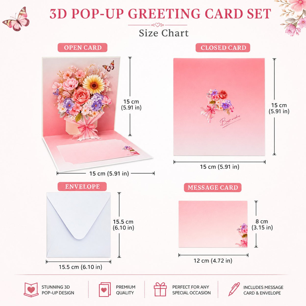 3D Floral Bouquet Pop-Up Greeting Cards Set (4-Pack)