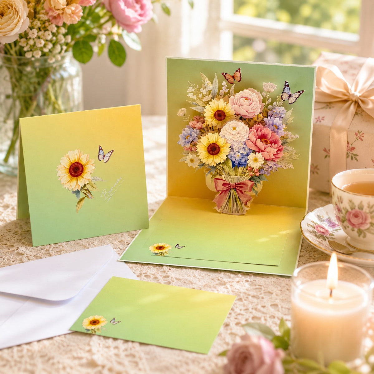 3D Floral Bouquet Pop-Up Greeting Cards Set (4-Pack)