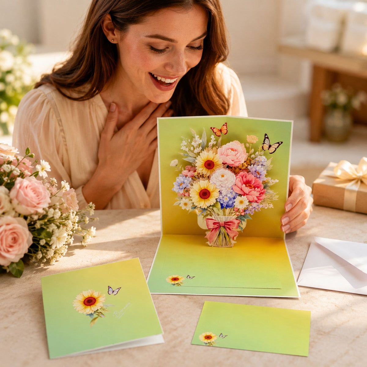 3D Floral Bouquet Pop-Up Greeting Cards Set (4-Pack)