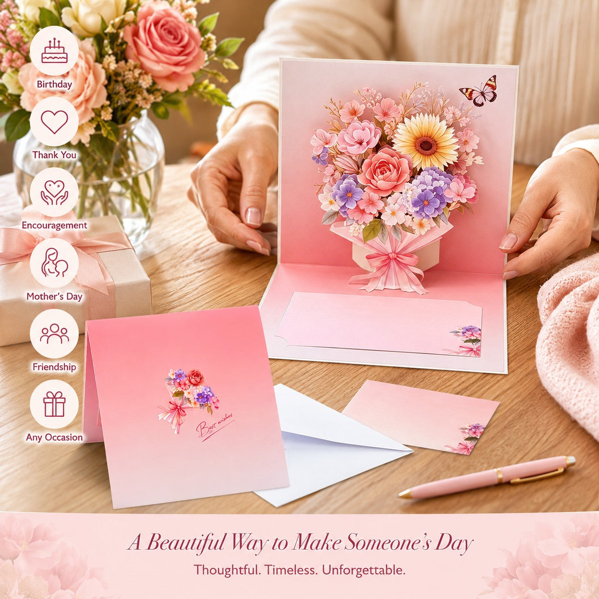 3D Floral Bouquet Pop-Up Greeting Cards Set (4-Pack)