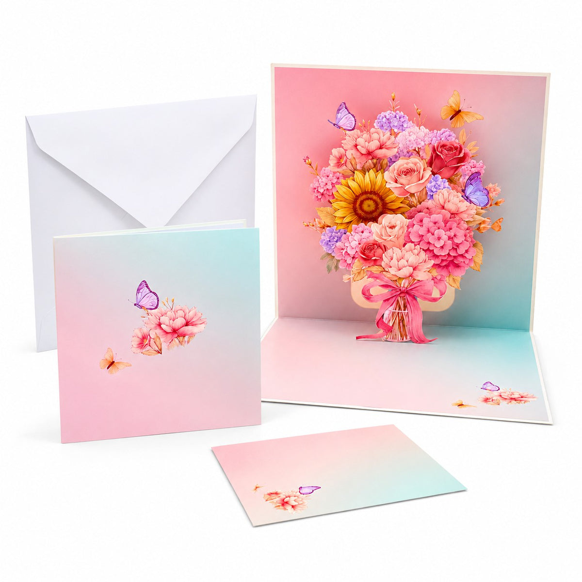 3D Floral Bouquet Pop-Up Greeting Cards Set (4-Pack)