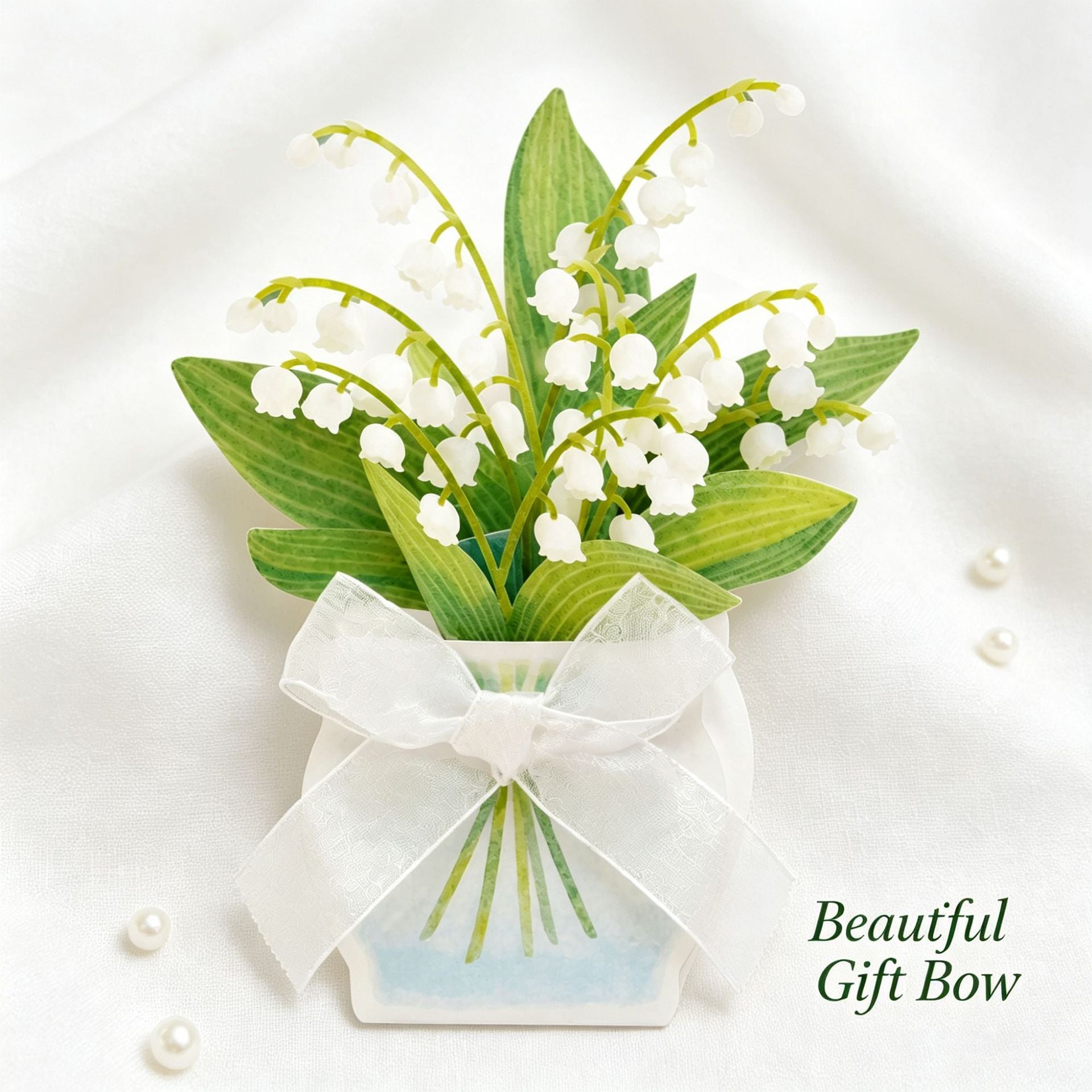 Fresh Lily of the Valley 3D Pop Up Card with Ribbon Bow | Flower Bouquet Greeting Card with Envelope & Note Card