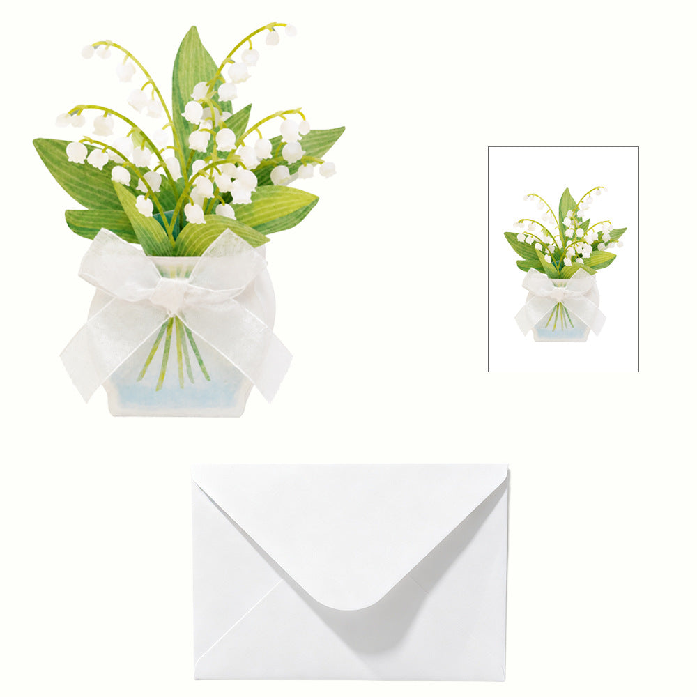 Fresh Lily of the Valley 3D Pop Up Card with Ribbon Bow | Flower Bouquet Greeting Card with Envelope & Note Card