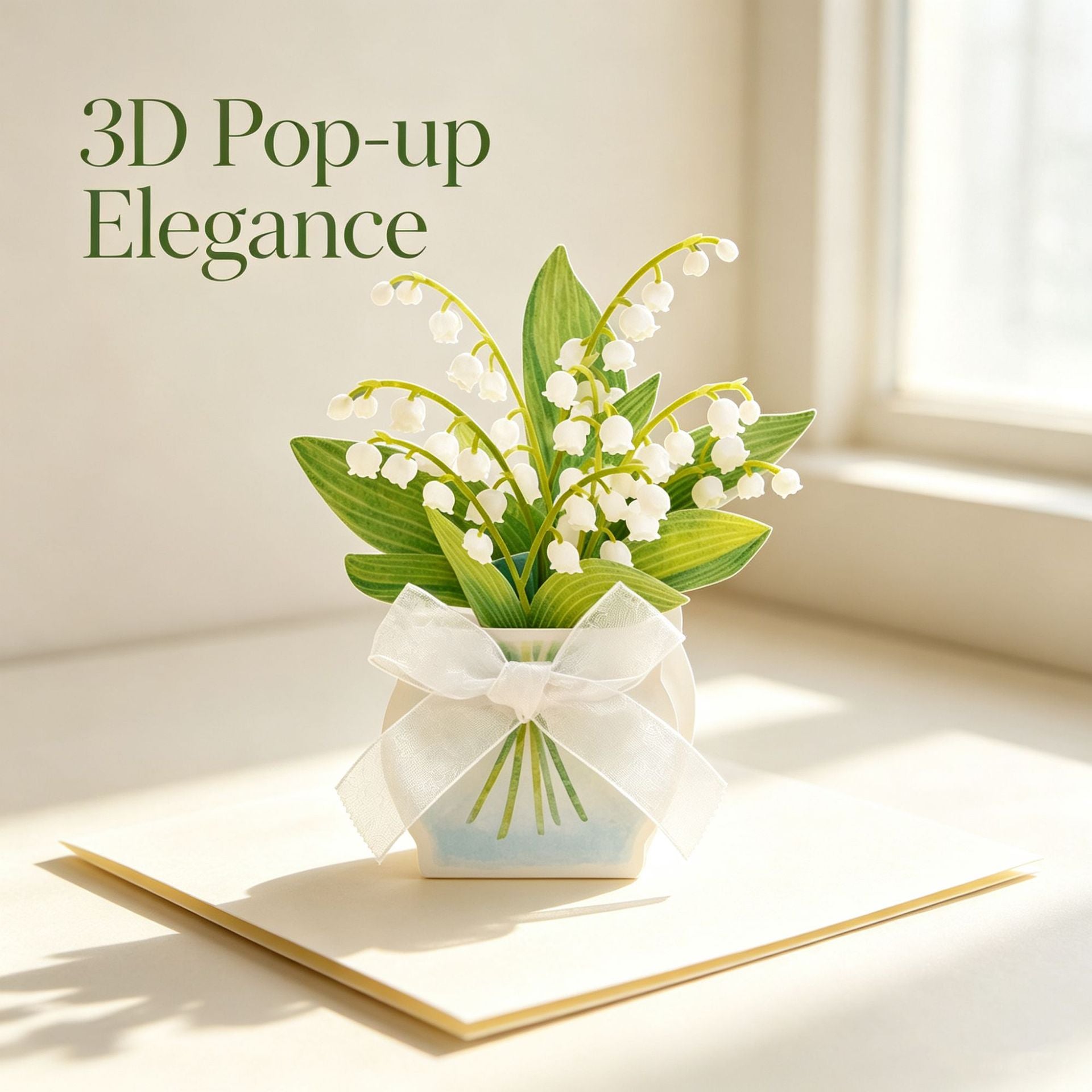 Fresh Lily of the Valley 3D Pop Up Card with Ribbon Bow | Flower Bouquet Greeting Card with Envelope & Note Card
