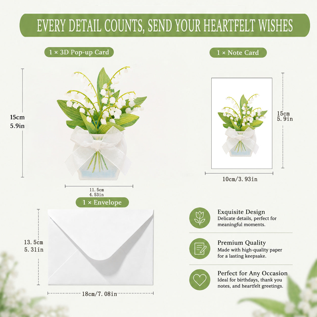 Fresh Lily of the Valley 3D Pop Up Card with Ribbon Bow | Flower Bouquet Greeting Card with Envelope & Note Card
