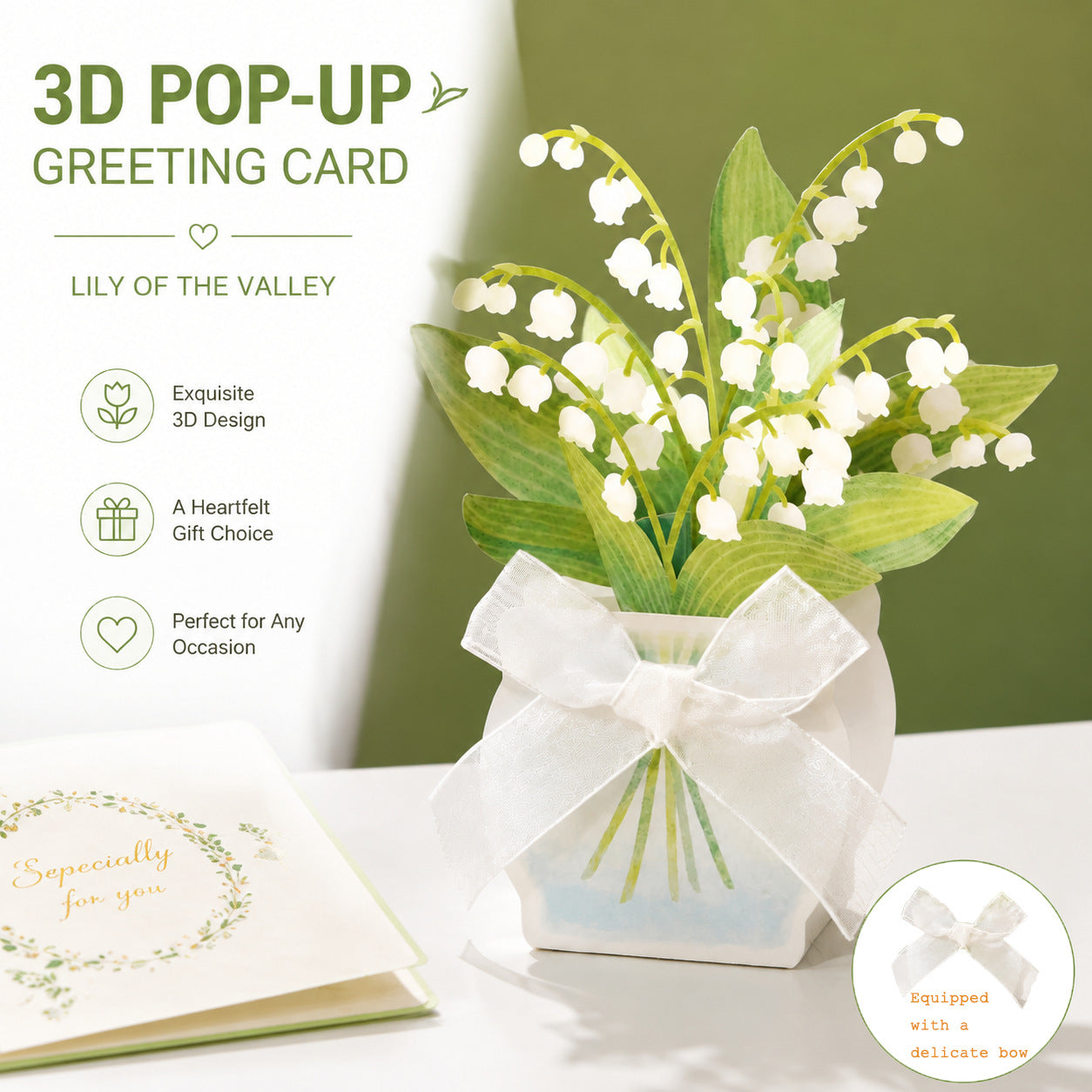 Fresh Lily of the Valley 3D Pop Up Card with Ribbon Bow | Flower Bouquet Greeting Card with Envelope & Note Card