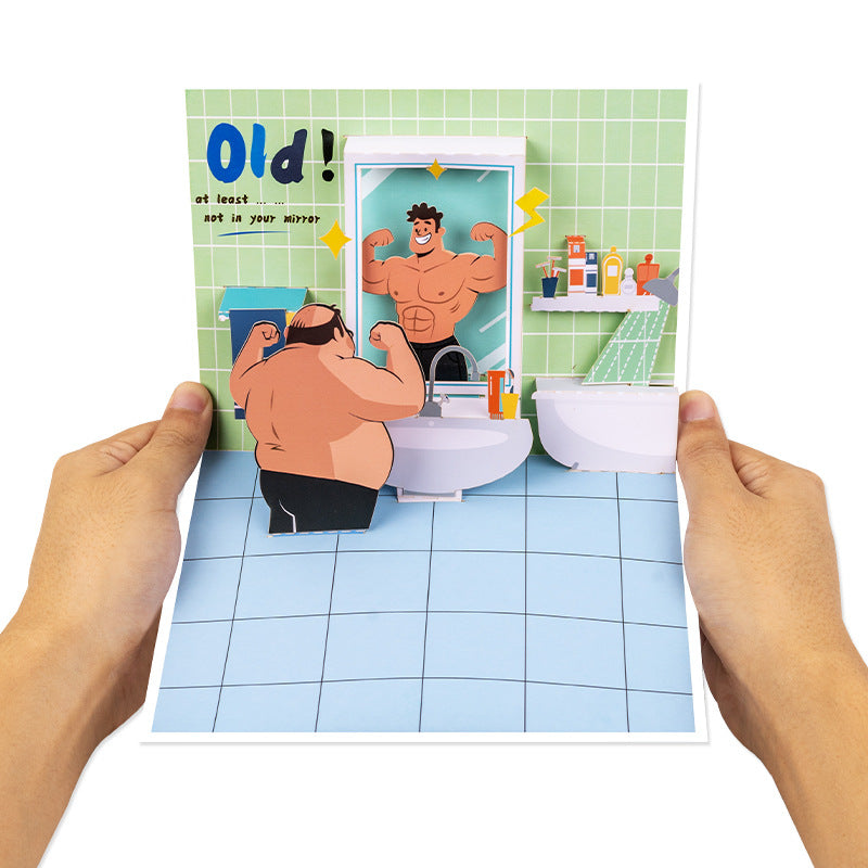 unny 3D Pop-Up Birthday Card for Men – Humorous Mirror Muscle Design, 90° Pop Up Greeting Card for Husband, Boyfriend, Dad, Friend