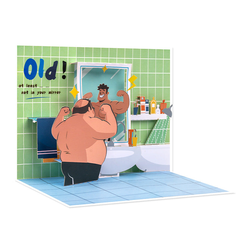 unny 3D Pop-Up Birthday Card for Men – Humorous Mirror Muscle Design, 90° Pop Up Greeting Card for Husband, Boyfriend, Dad, Friend