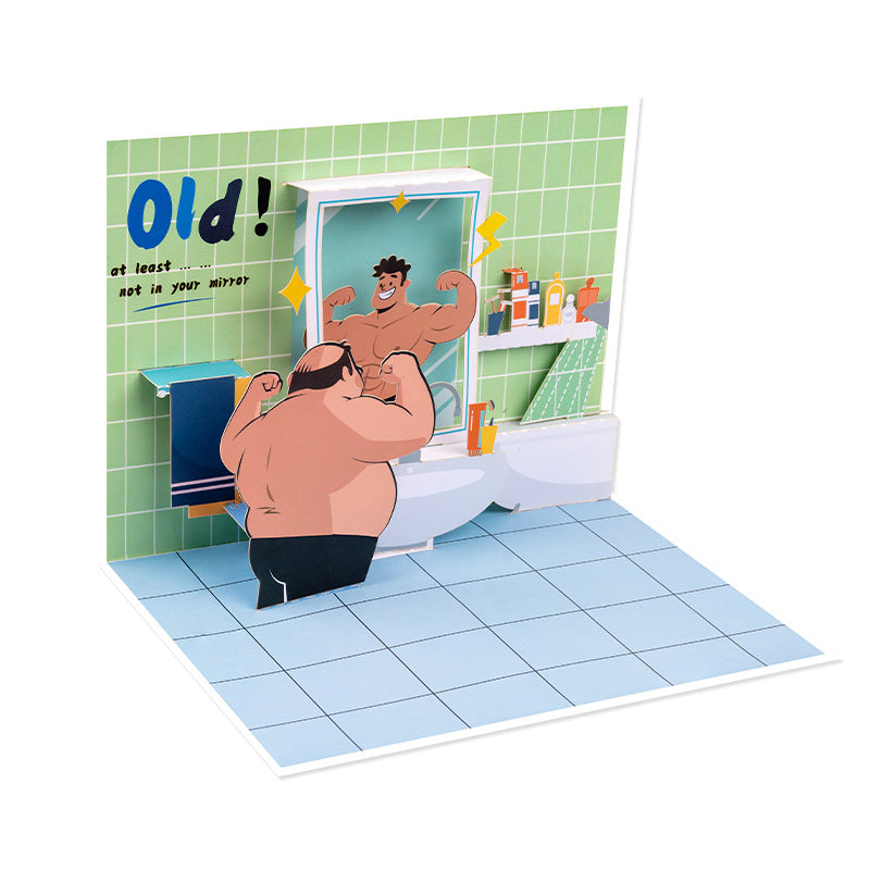 unny 3D Pop-Up Birthday Card for Men – Humorous Mirror Muscle Design, 90° Pop Up Greeting Card for Husband, Boyfriend, Dad, Friend