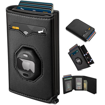 Airtag Leather Wallet for Men with Cash Pocket 2 ID Window 10+ Cards,Metal Case Smart Slim Pop Up Credit Card Holder Flip with Magnetic Closure RFID Blocking Trifold Leather wallet with Gift Box