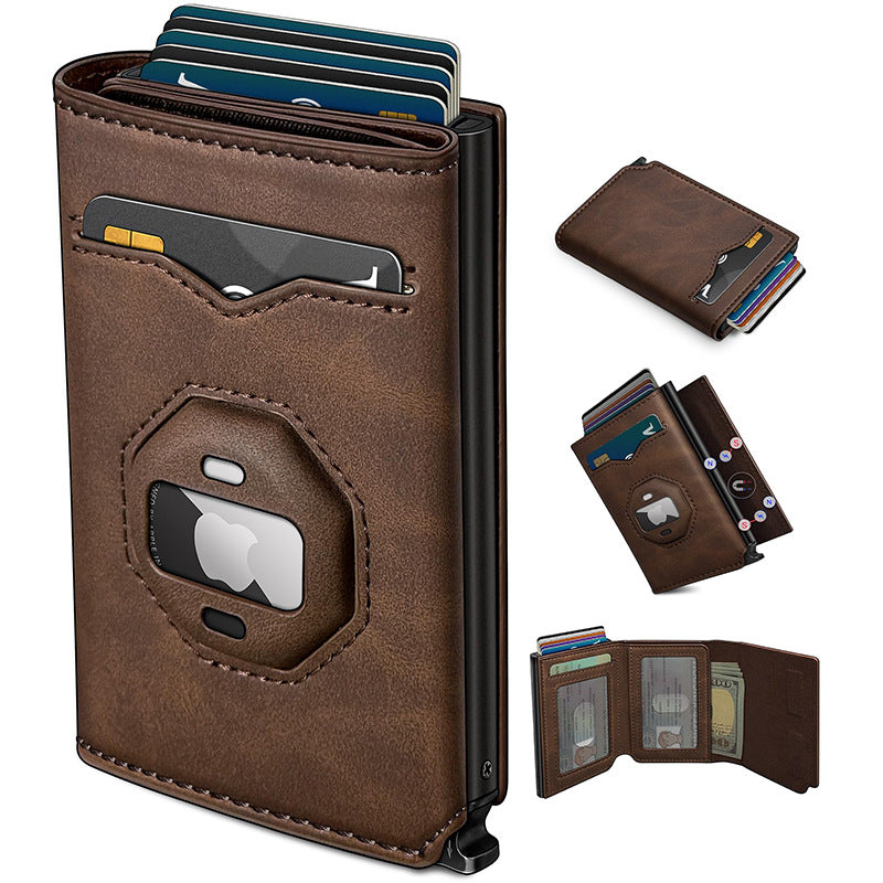 Airtag Leather Wallet for Men with Cash Pocket 2 ID Window 10+ Cards,Metal Case Smart Slim Pop Up Credit Card Holder Flip with Magnetic Closure RFID Blocking Trifold Leather wallet with Gift Box