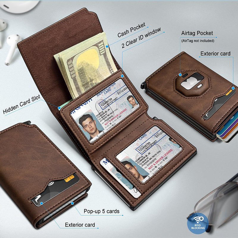 Airtag Leather Wallet for Men with Cash Pocket 2 ID Window 10+ Cards,Metal Case Smart Slim Pop Up Credit Card Holder Flip with Magnetic Closure RFID Blocking Trifold Leather wallet with Gift Box