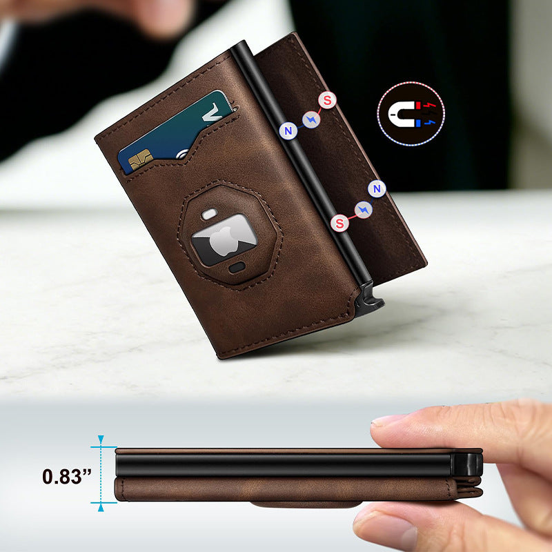 Airtag Leather Wallet for Men with Cash Pocket 2 ID Window 10+ Cards,Metal Case Smart Slim Pop Up Credit Card Holder Flip with Magnetic Closure RFID Blocking Trifold Leather wallet with Gift Box