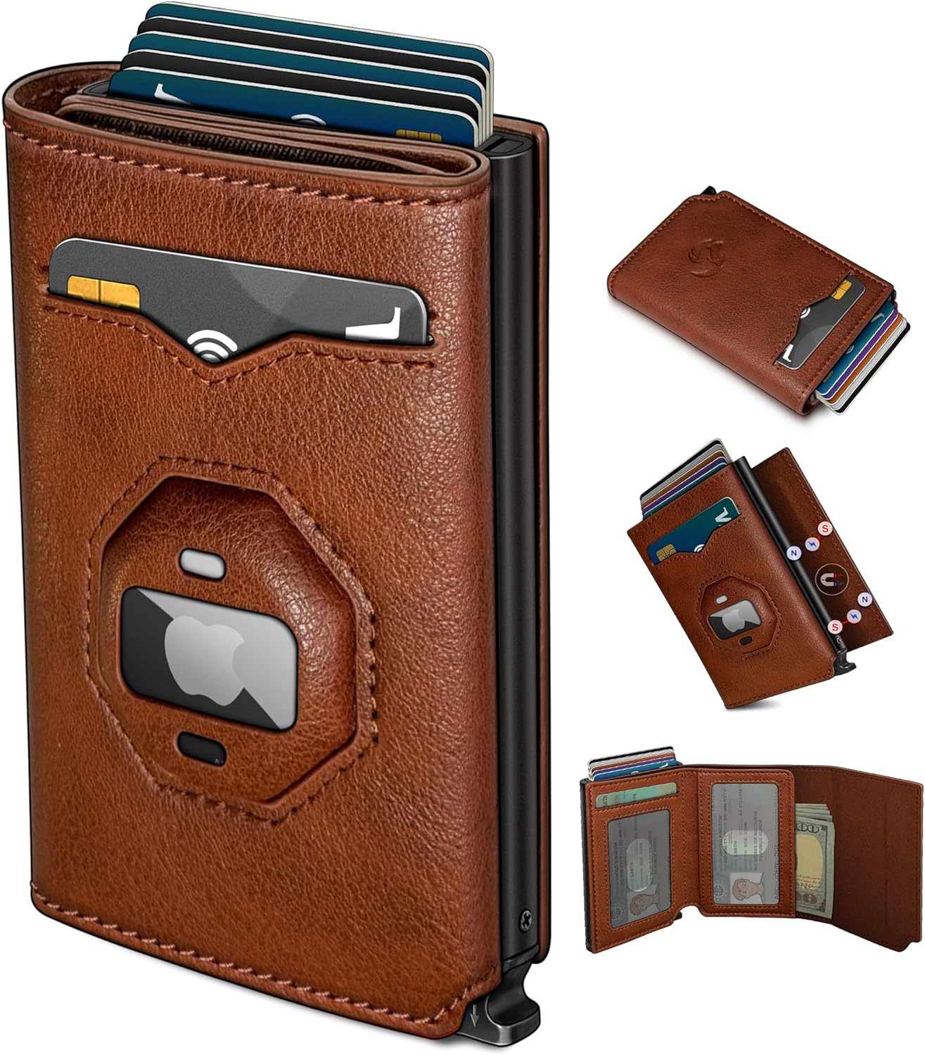 Airtag Leather Wallet for Men with Cash Pocket 2 ID Window 10+ Cards,Metal Case Smart Slim Pop Up Credit Card Holder Flip with Magnetic Closure RFID Blocking Trifold Leather wallet with Gift Box