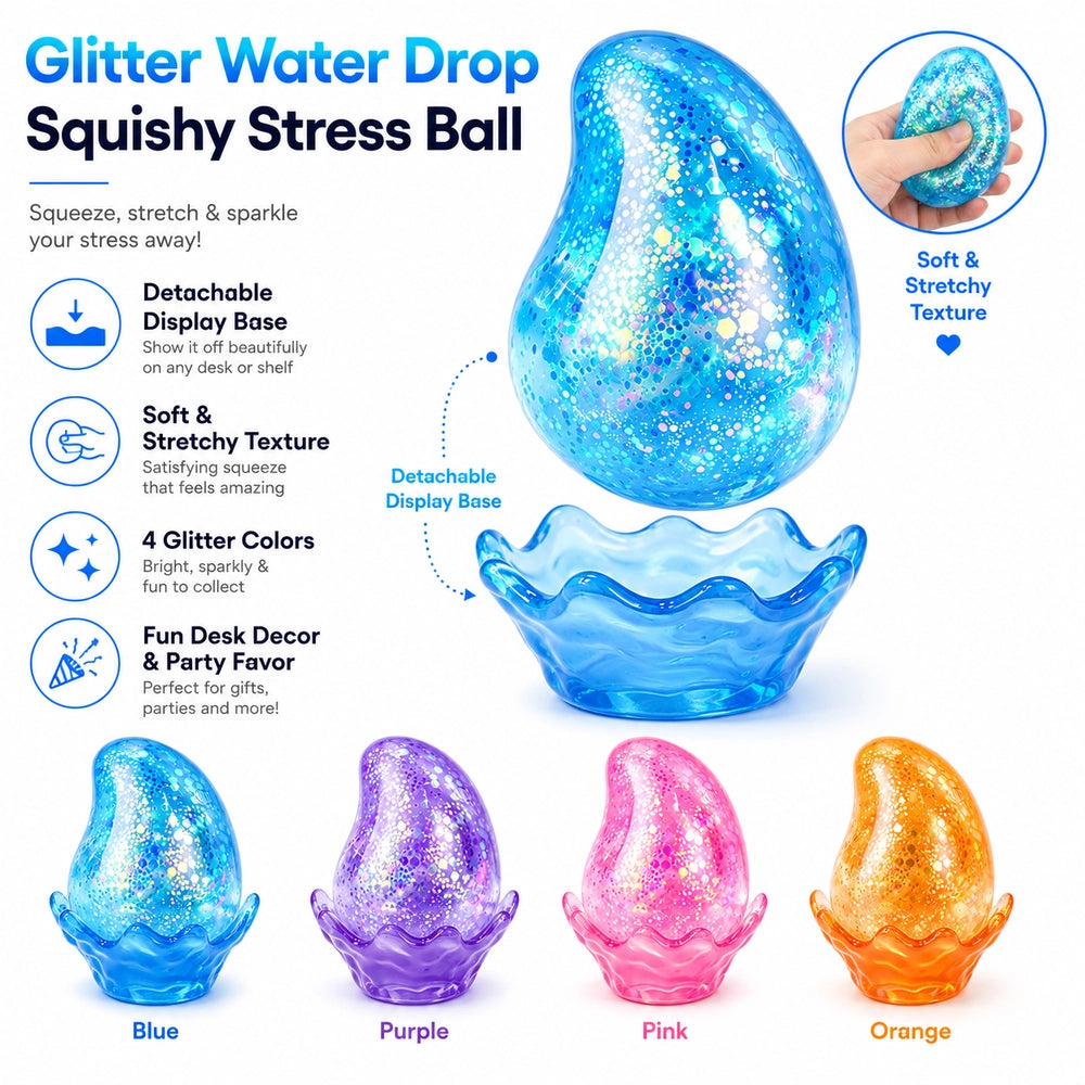 Glitter Water Drop Squishy Stress Ball with Detachable Base, Soft Sensory Squeeze Toy Gifts for Kids, Teens & Adults