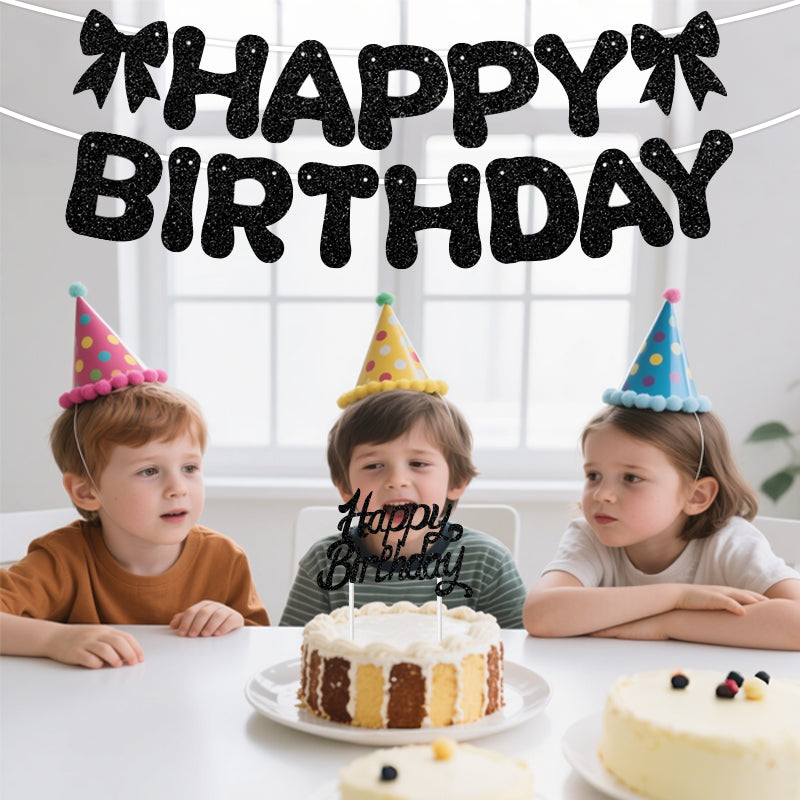 Glitter Happy Birthday Banner with Bows - Premium Sparkle Birthday Bunting Garland Party Decorations for Women, Men, Kids, Girls & Boys (Black, Pink, Gold, Blue)