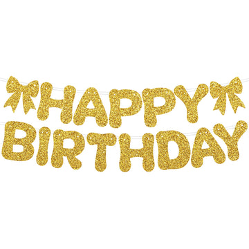 Glitter Happy Birthday Banner with Bows - Premium Sparkle Birthday Bunting Garland Party Decorations for Women, Men, Kids, Girls & Boys (Black, Pink, Gold, Blue)