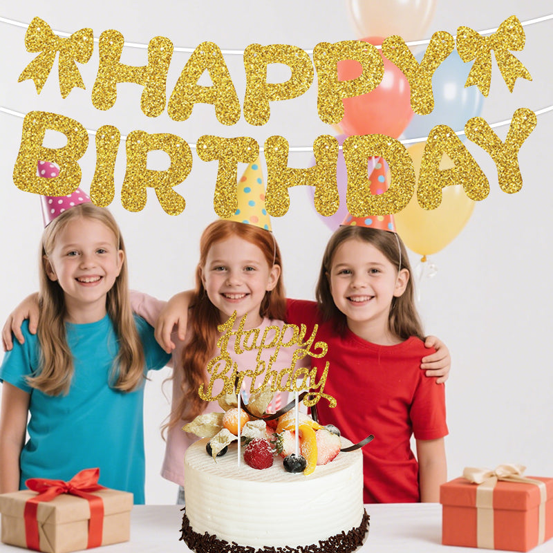 Glitter Happy Birthday Banner with Bows - Premium Sparkle Birthday Bunting Garland Party Decorations for Women, Men, Kids, Girls & Boys (Black, Pink, Gold, Blue)