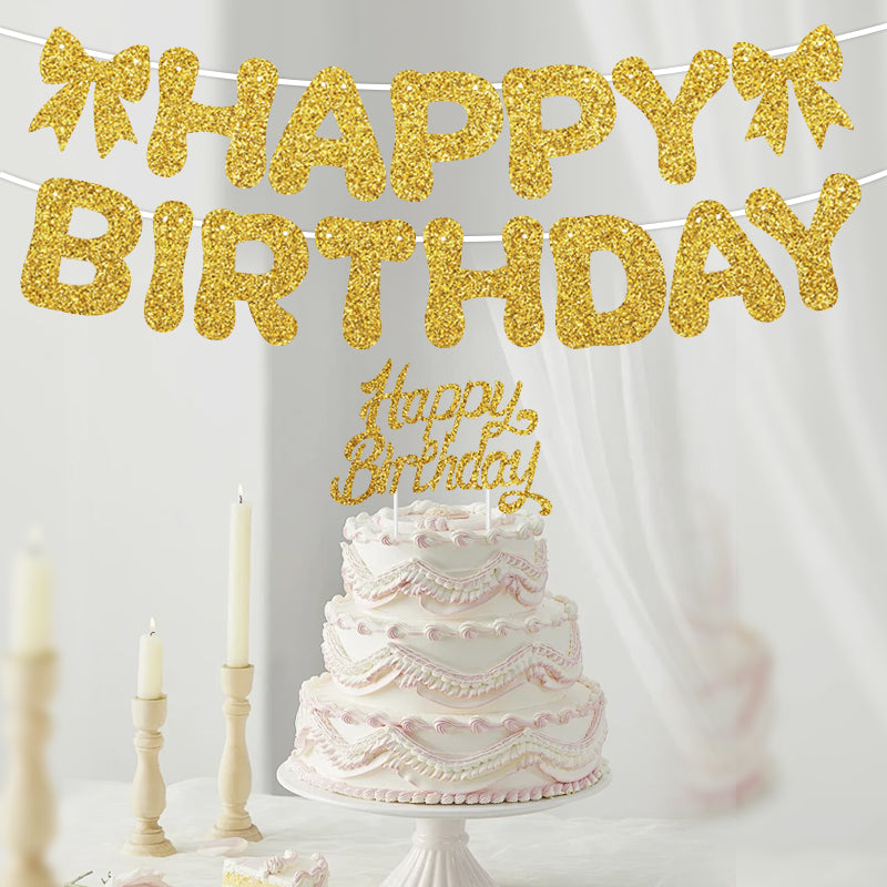 Glitter Happy Birthday Banner with Bows - Premium Sparkle Birthday Bunting Garland Party Decorations for Women, Men, Kids, Girls & Boys (Black, Pink, Gold, Blue)
