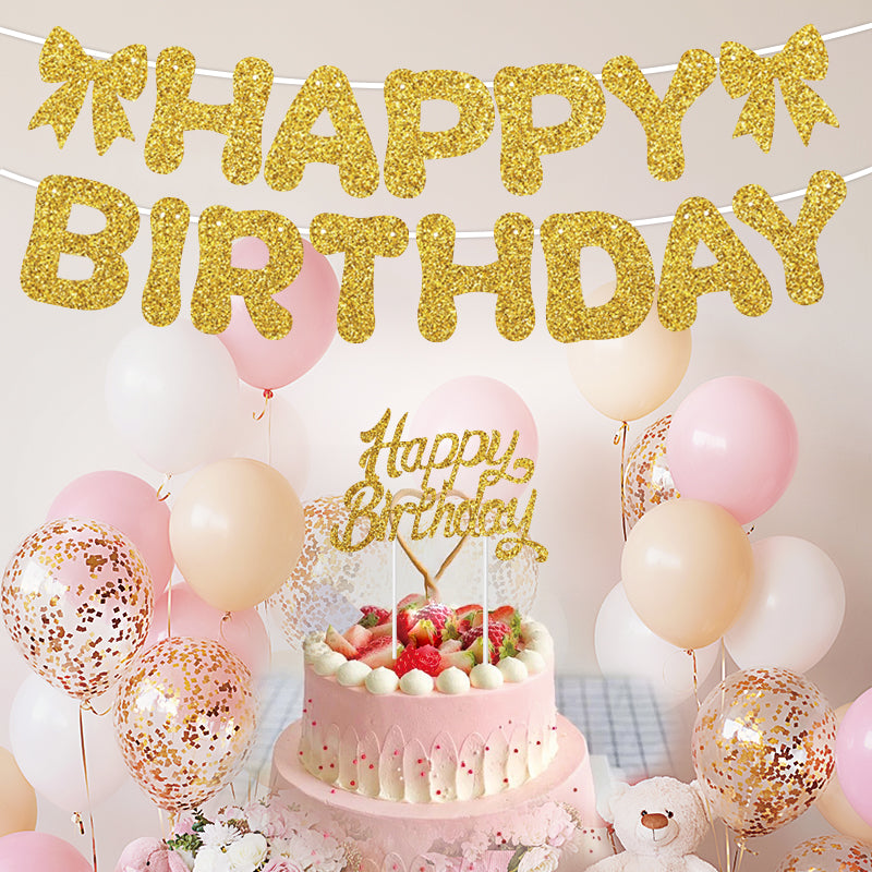 Glitter Happy Birthday Banner with Bows - Premium Sparkle Birthday Bunting Garland Party Decorations for Women, Men, Kids, Girls & Boys (Black, Pink, Gold, Blue)