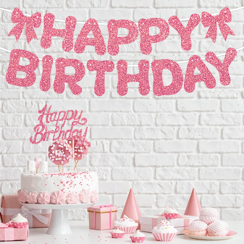 Glitter Happy Birthday Banner with Bows - Premium Sparkle Birthday Bunting Garland Party Decorations for Women, Men, Kids, Girls & Boys (Black, Pink, Gold, Blue)