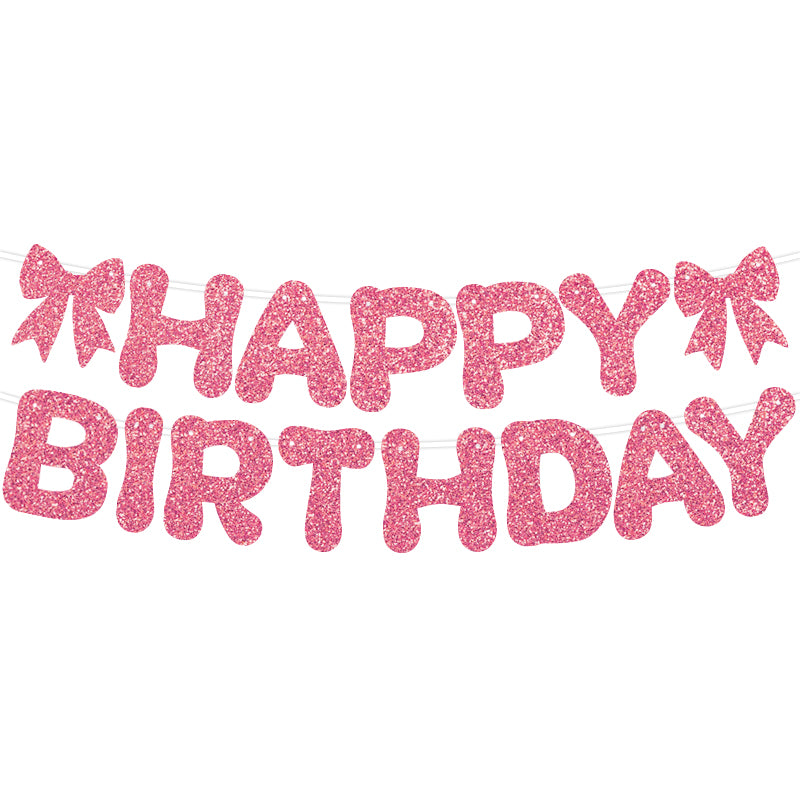 Glitter Happy Birthday Banner with Bows - Premium Sparkle Birthday Bunting Garland Party Decorations for Women, Men, Kids, Girls & Boys (Black, Pink, Gold, Blue)