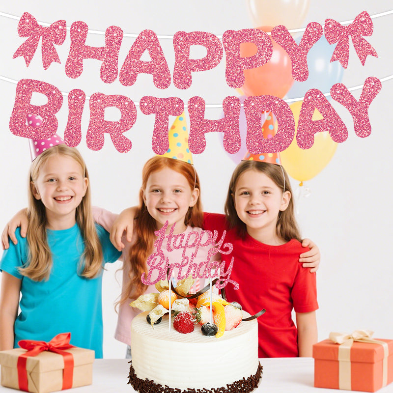 Premium Glitter Happy Birthday Banner & Cake Topper Set – Sparkly Cursive Letter Garland Party Decorations