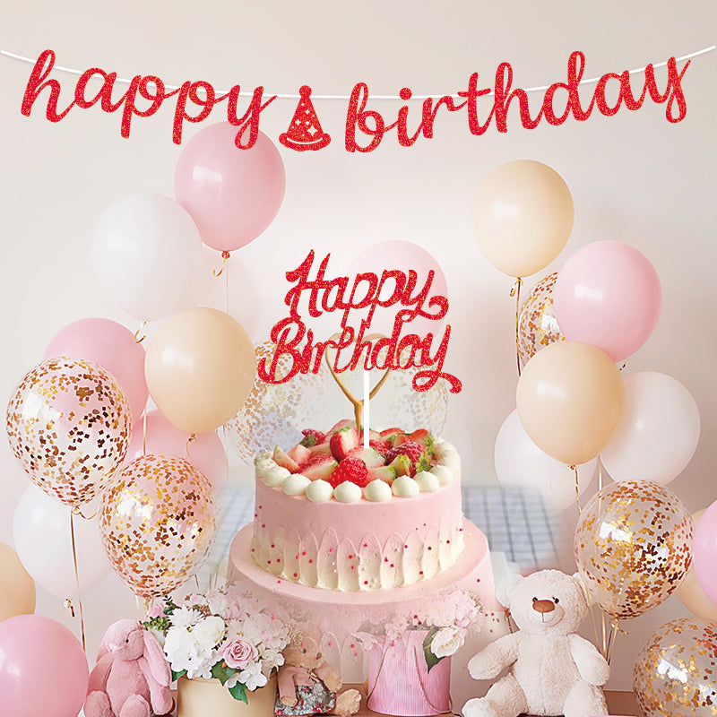 Glitter Happy Birthday Banner with Bows - Premium Sparkle Birthday Bunting Garland Party Decorations for Women, Men, Kids, Girls & Boys (Black, Pink, Gold, Blue)