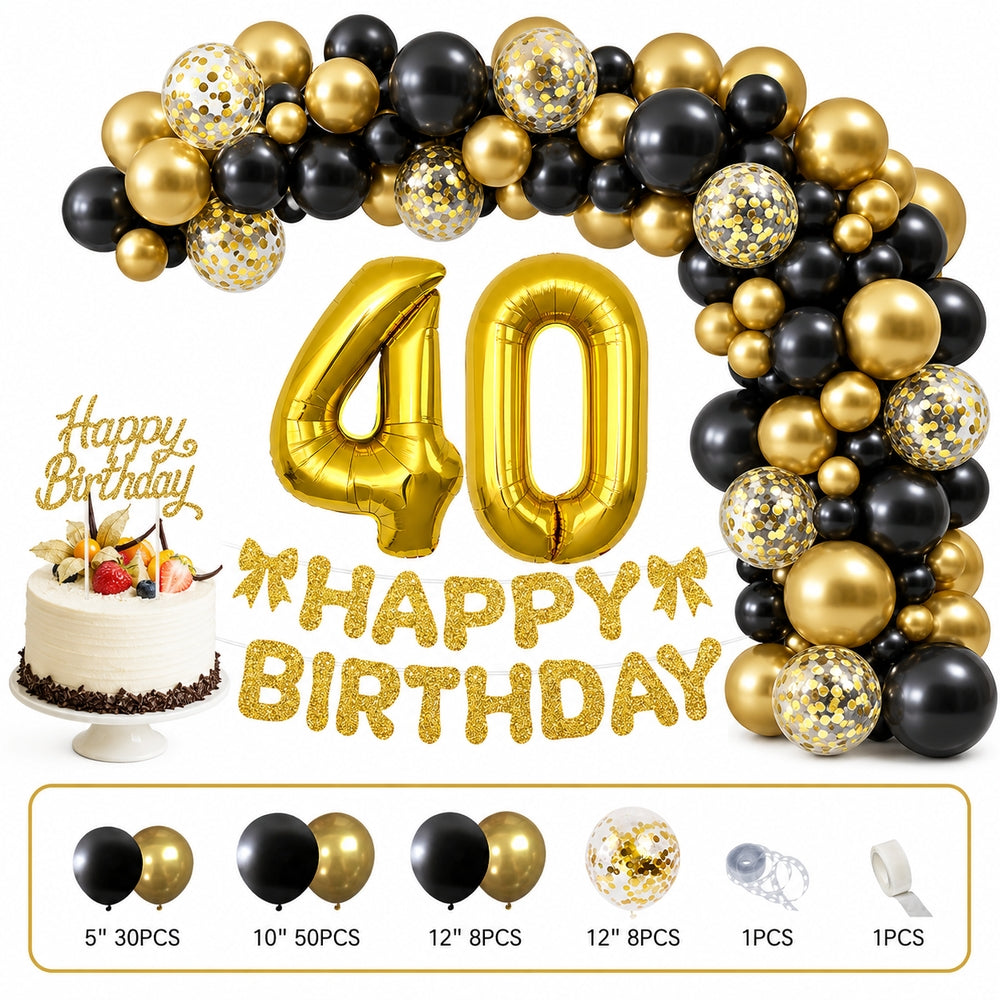 All-in-One Gold Birthday Decoration Kit with Balloon Garland, 32-Inch Number Balloons, Happy Birthday Banner & Cake Topper Party Set