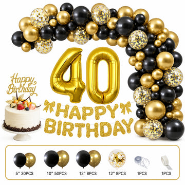 All-in-One Gold Birthday Decoration Kit with Balloon Garland, 32-Inch Number Balloons, Happy Birthday Banner & Cake Topper Party Set