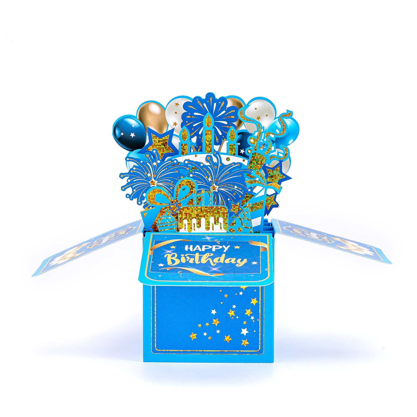 Blue 3D Pop-Up Birthday Card Box with Blank Note Card & Envelope