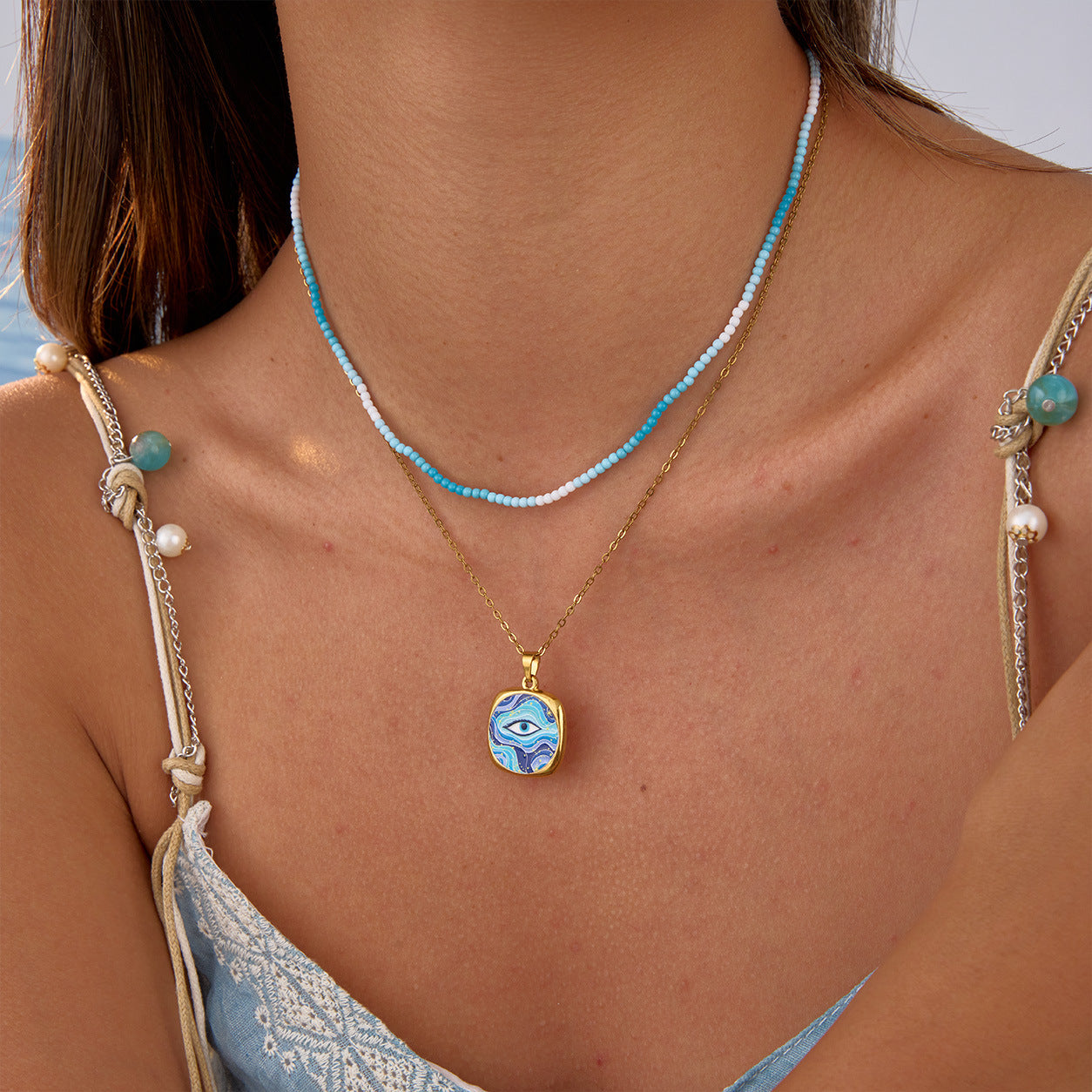 Personalized Enamel Ripples And An Evil Eye Pendant Necklace Gift