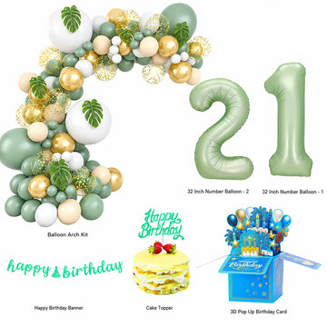 All-in-One Green Birthday Decoration & Gift Set with Balloon Arch, Age Number Balloons, Banner, Cake Topper & 3D Pop Up Card