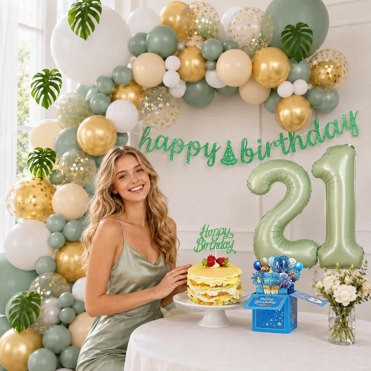 All-in-One Green Birthday Decoration & Gift Set with Balloon Arch, Age Number Balloons, Banner, Cake Topper & 3D Pop Up Card