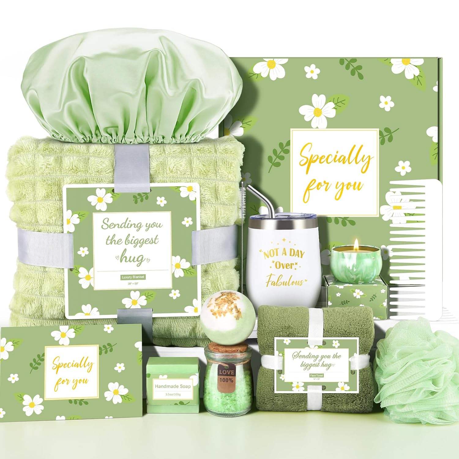 Mom Wife Sister Girlfriend Self Care Get Well Soon Relaxing Light Green Spa Birthday Gift Basket Set Classic Fashion Trend
