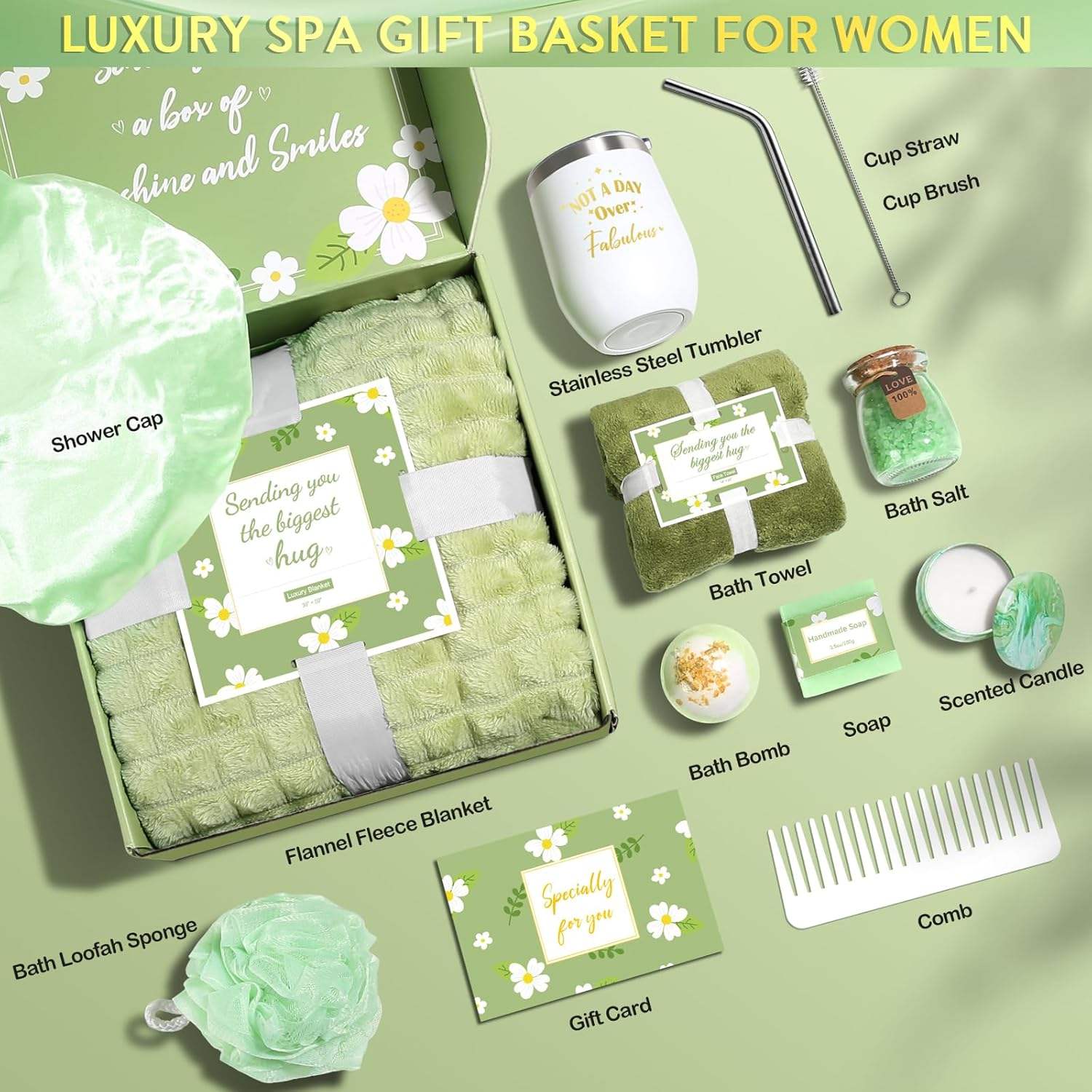 Mom Wife Sister Girlfriend Self Care Get Well Soon Relaxing Light Green Spa Birthday Gift Basket Set Classic Fashion Trend
