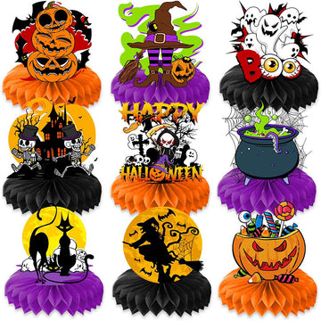 9PCS Halloween Honeycomb Centerpieces – Pumpkin, Ghost & Witch Table Party Decorations