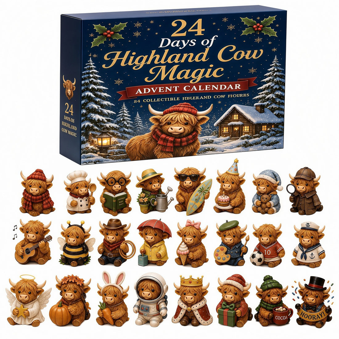 Highland Cow Advent Calendar with 24 Christmas Ornaments