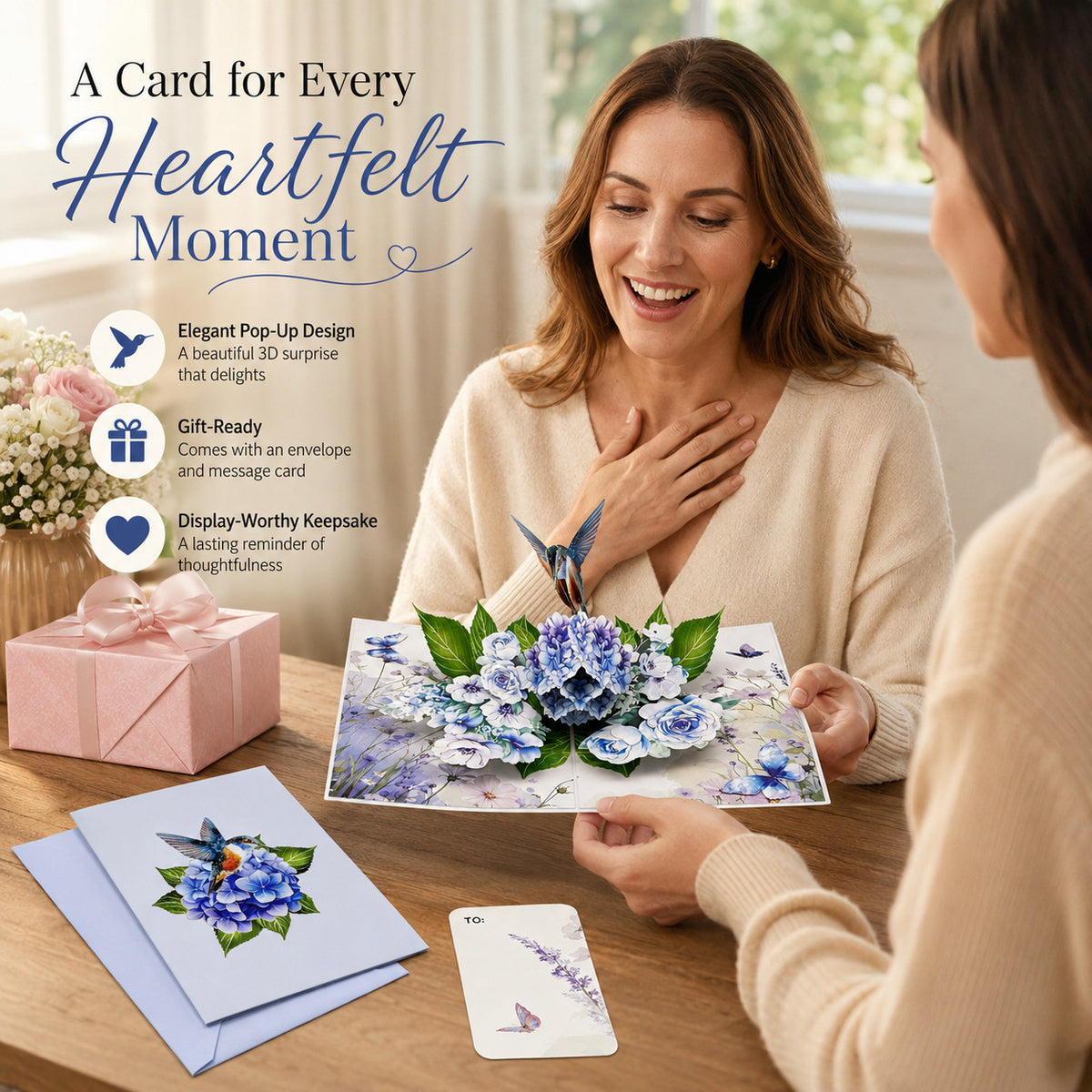 Hummingbird & Blue Hydrangea 3D Pop Up Greeting Card Set with Note Card & Envelope