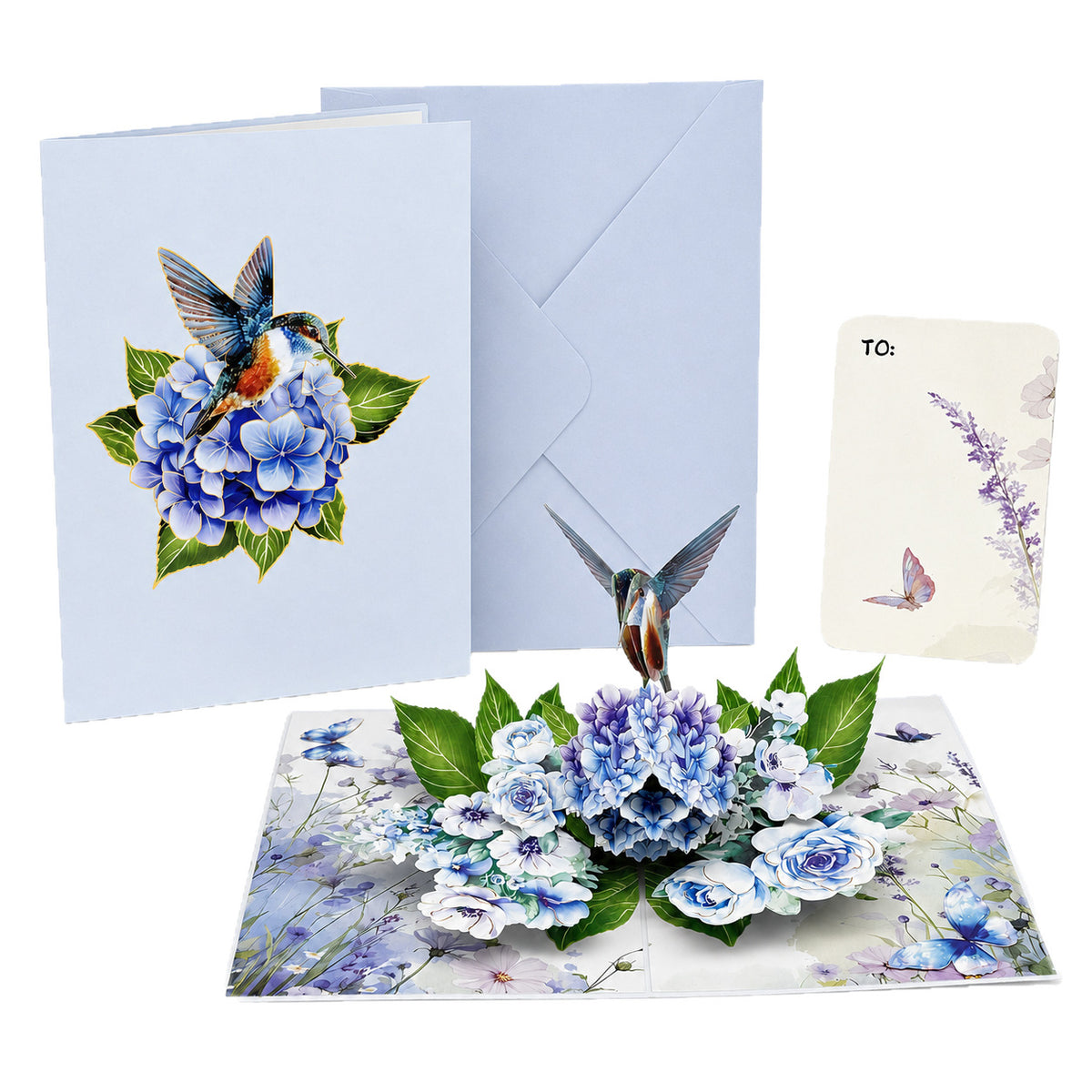 Hummingbird & Blue Hydrangea 3D Pop Up Greeting Card Set with Note Card & Envelope